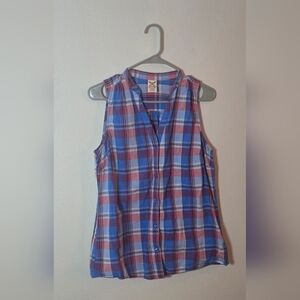 Faded Glory Plaid Sleeveless Button Front Casual Summer Top Red Blue Cotton L